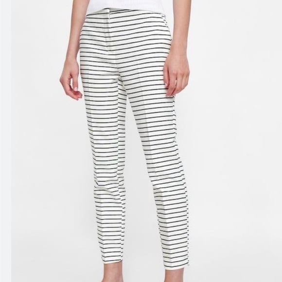 Zara Basic Womens Blue White Striped Pants Trousers Anke Length Causal Size S - Picture 1 of 13